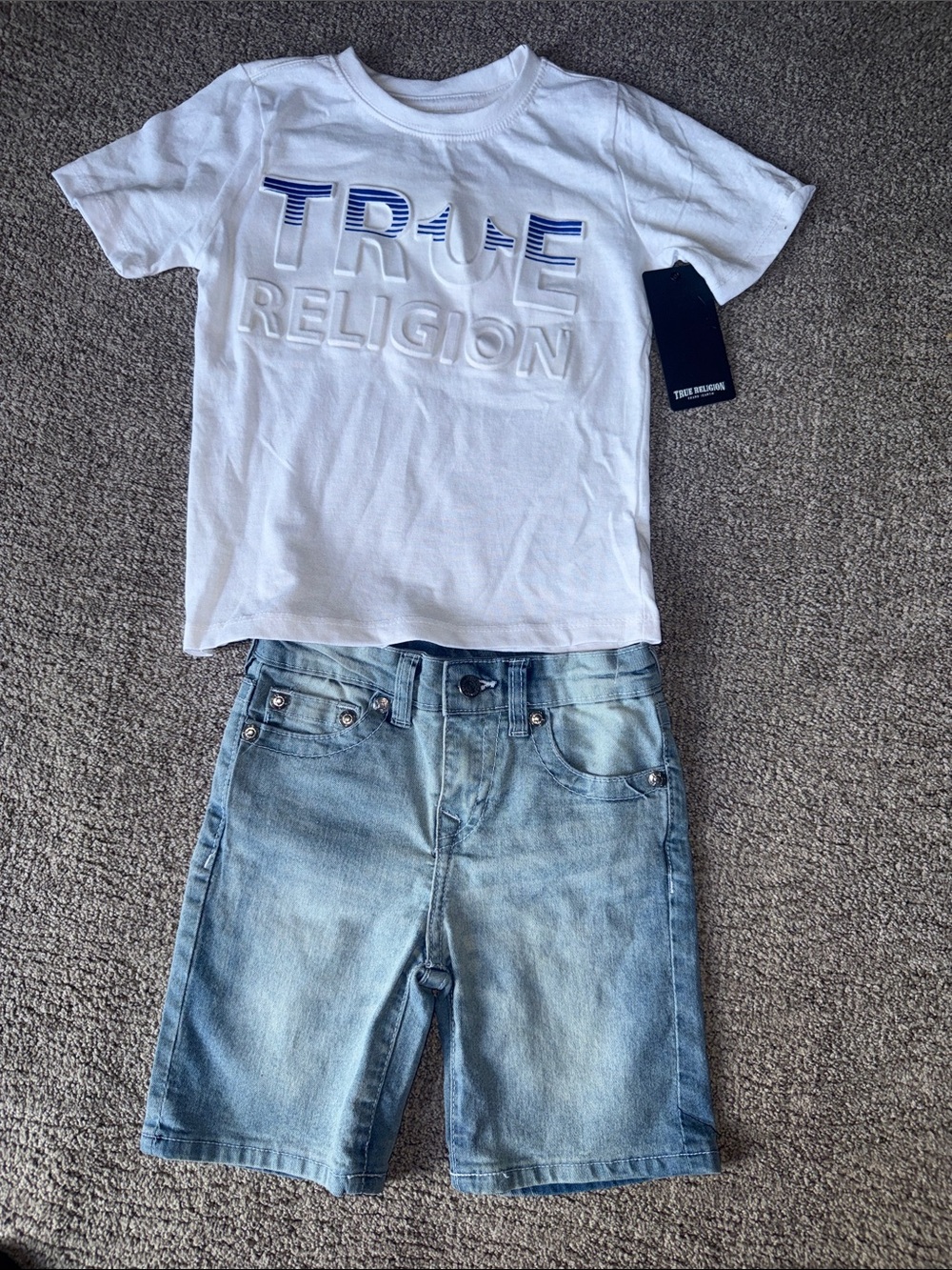 True Religion White Tee with Blue Logo & Light Blue Denim Shorts- little kid